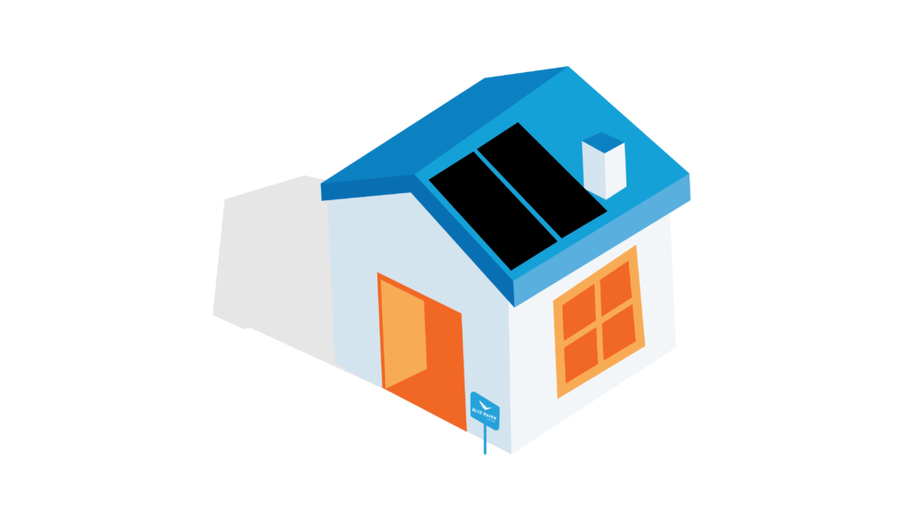 Illustration of a small house with a blue roof and solar panels installed with a Blue Raven Solar installation sign in front