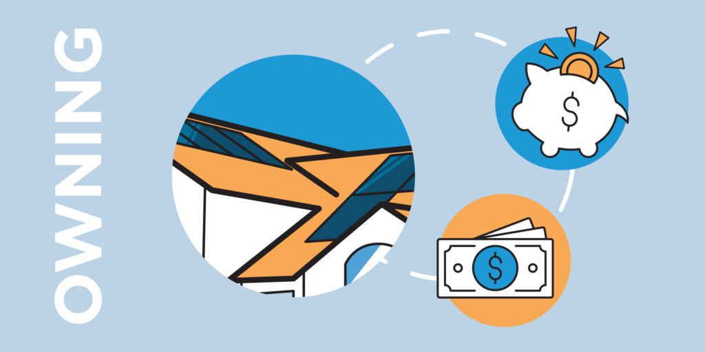 Three different icons illustrating owning solar panels in blue, white, and orange