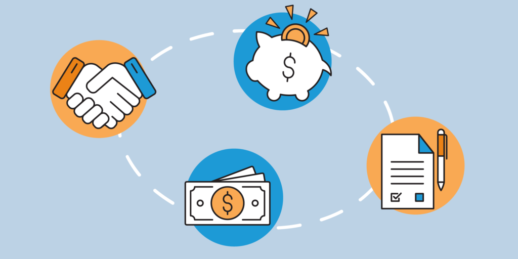 Four different graphics -- from partnership, piggy bank, dollar bills, to contracts -- arranged in a circle on a light blue background