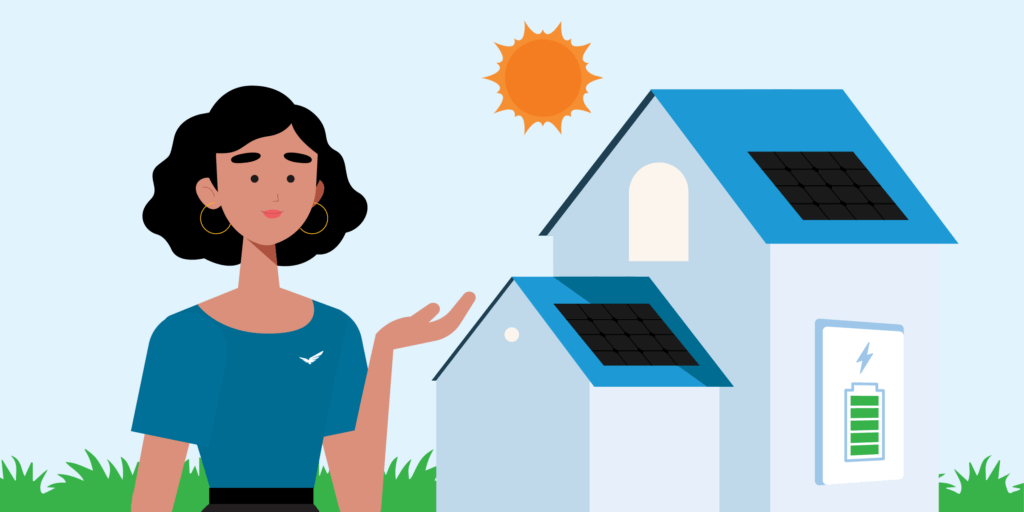 Female character standing in front of a 2-part house with a battery and a sun in the sky
