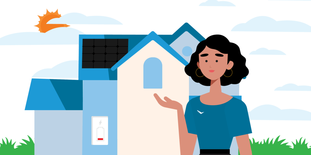 Female character standing in front of a large house with a battery attached and clouds in the background