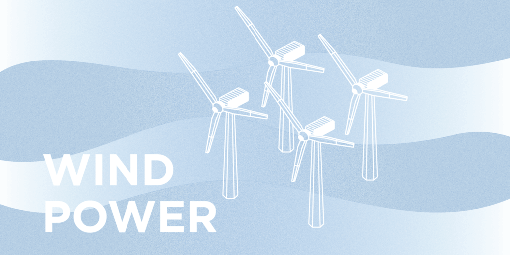 Wind Power represented by four windmills with a variegated light blue background