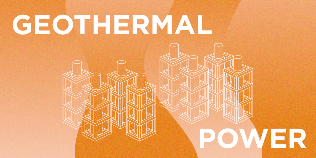 Geothermal Power represented by eight underground structures with a variegated orange background