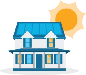 Form Graphic Blue raven solar home with solar panels on roof and sun shining behind it