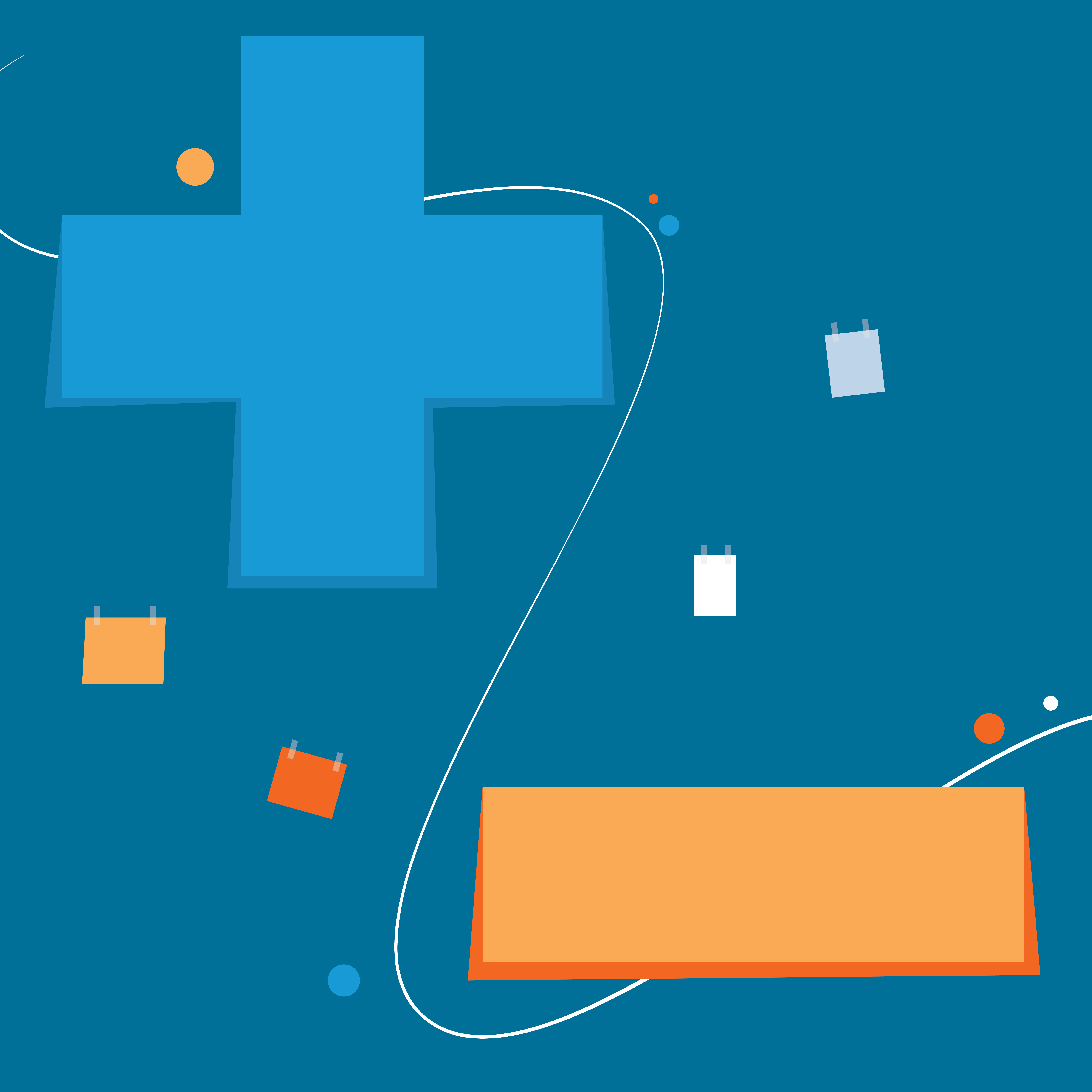 Plus sign in blue and a minus sign in orange with small graphics surrounding