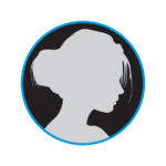 White female with bangs and hair in a bun silouette in dark grey circle icon