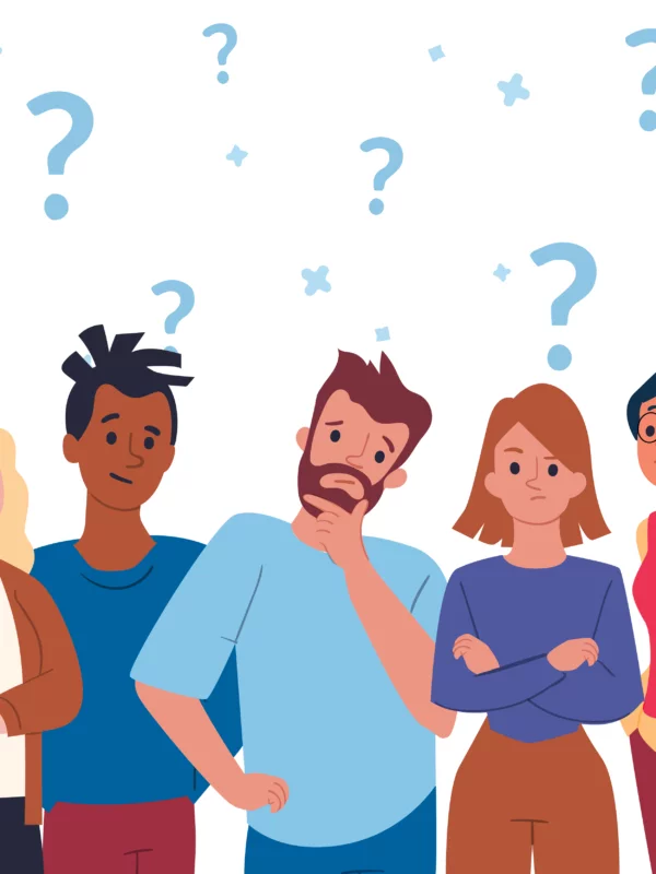 Five illustrated characters with question marks floating above thier heads