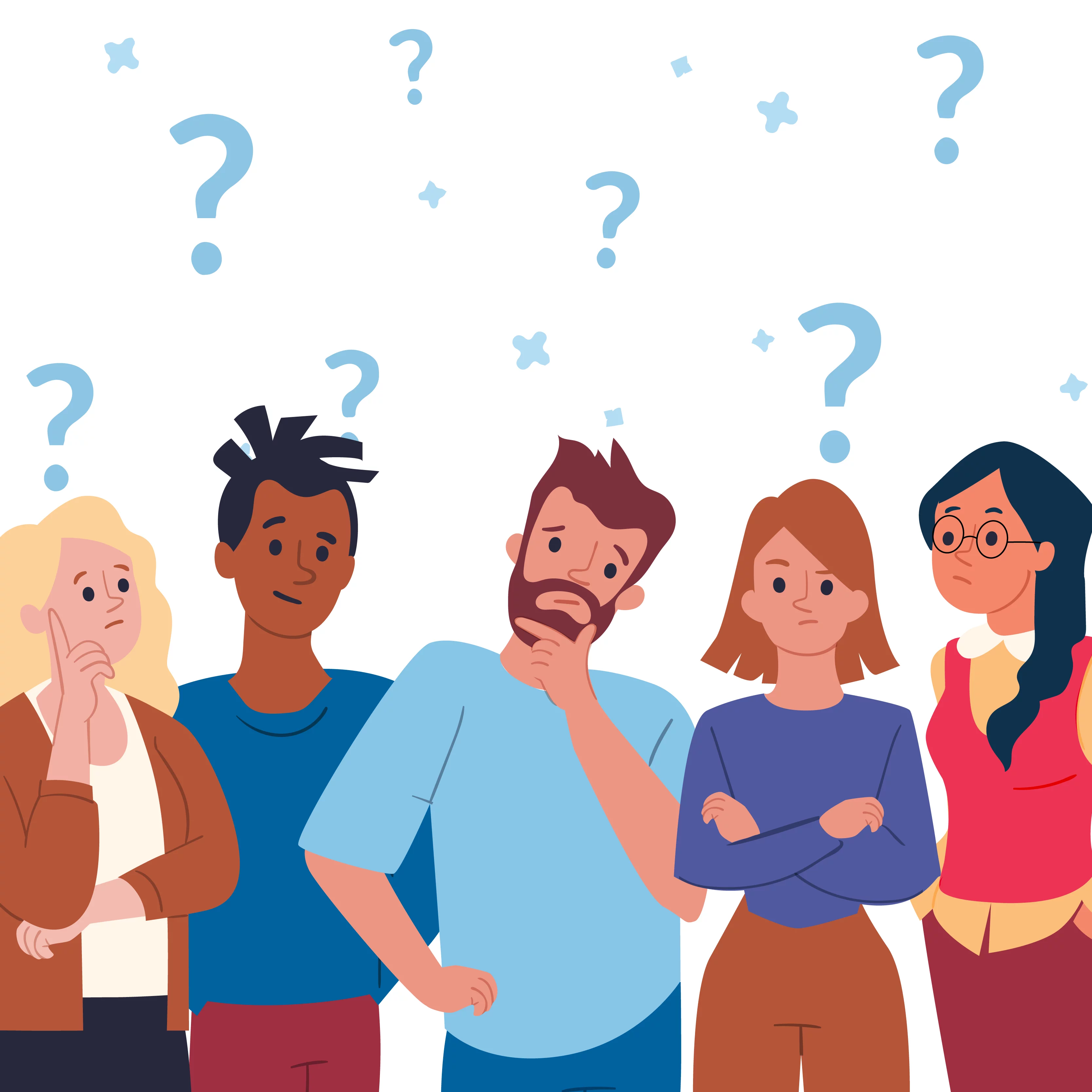 Five illustrated characters with question marks floating above thier heads