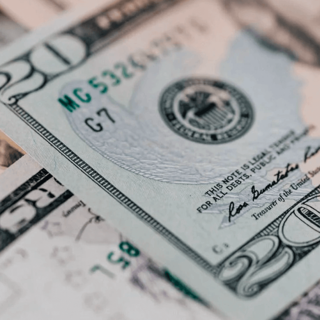 Zoomed-in view of twenty dollar bills