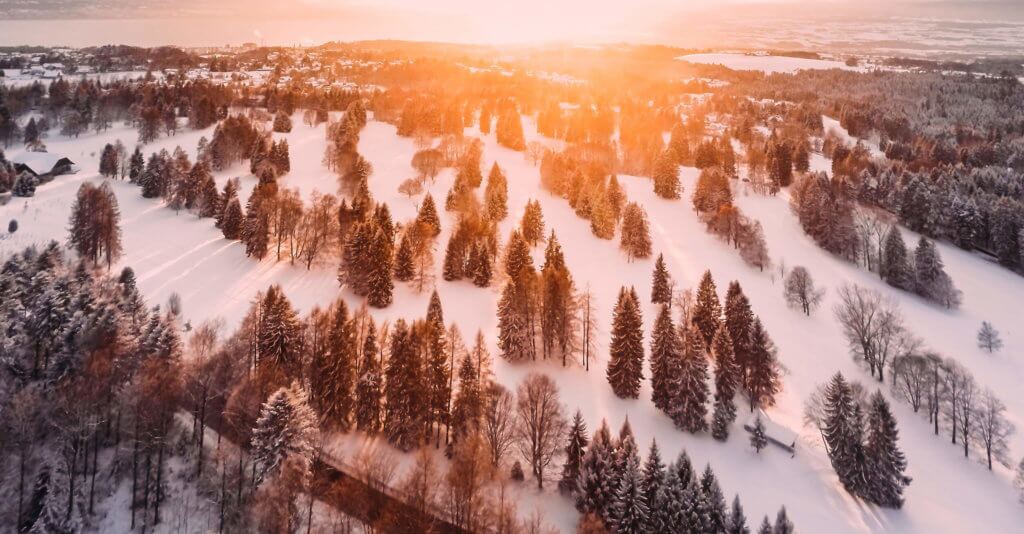 Mountainside town covered in snow at dusk