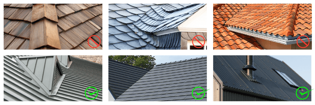 Diagram illustrating 6 different types of roof material, 3 of which are accepted as suitable for solar panels