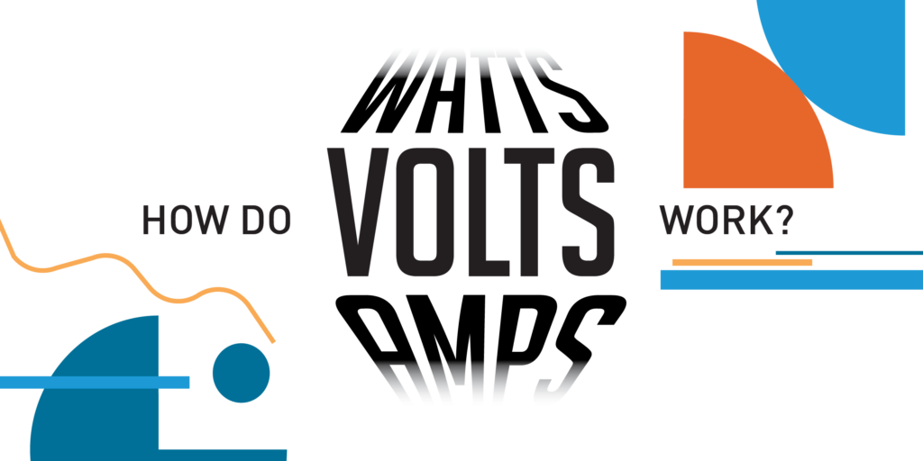 How Much Electricity Do My Appliances Use_01 Graphic stating "How Do Volts Work?" surrounded by bright blue and orange geometric shapes and lines
