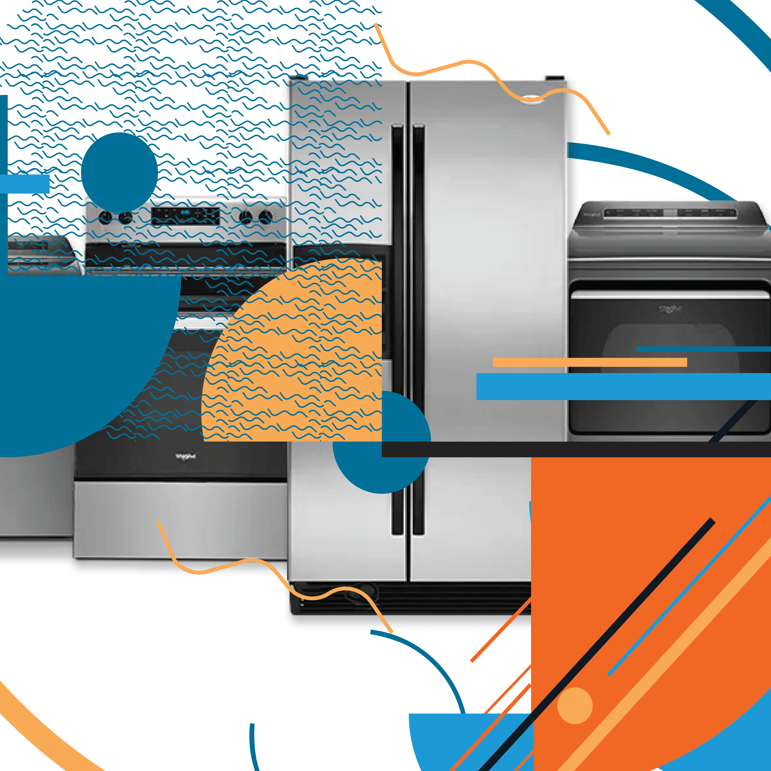 Common household appliances in a line overlaid with bright blue and orange geometric shapes and lines