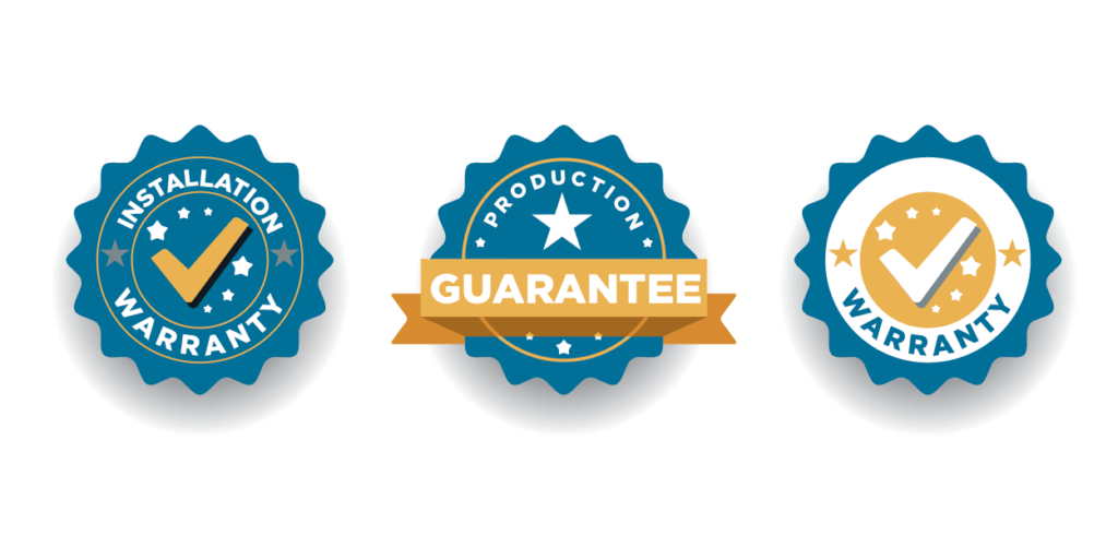 3 badges indicating installation warranty, 100% satisfaction warranty, and equipment warranty in blue and yellow