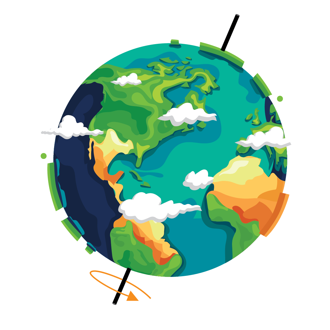Graphic illustration of the Earth with clouds, water, and continents with the axis rotating