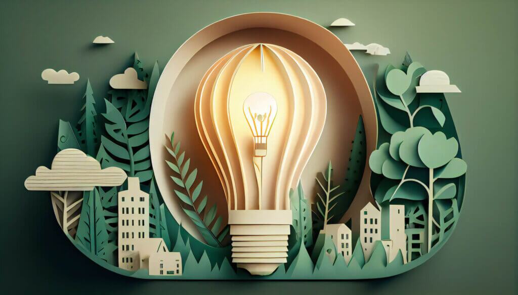 Lightbulb made out of paper, surrounded by small city buildings, trees, and clouds