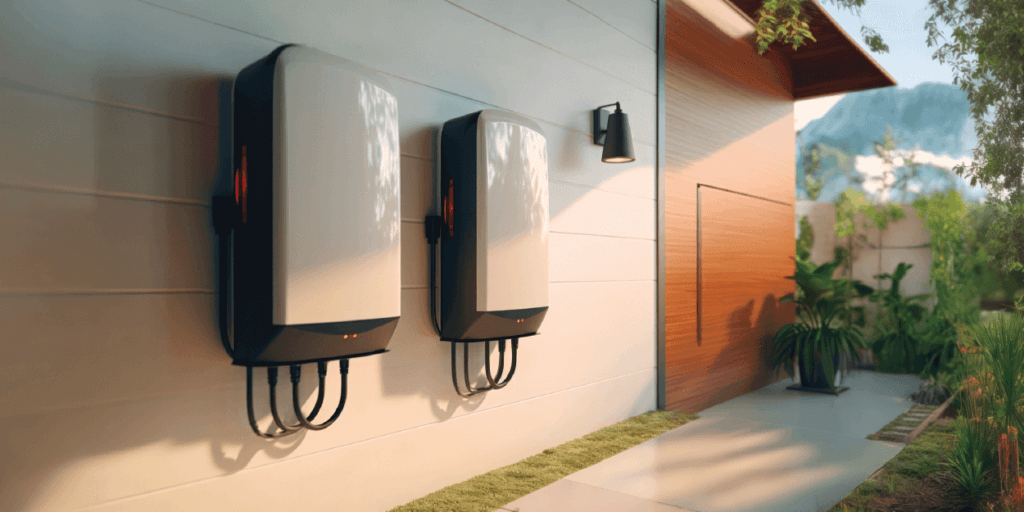 Are Solar Batteries Worth It-01 Two household battery renderings on the exterior of a house
