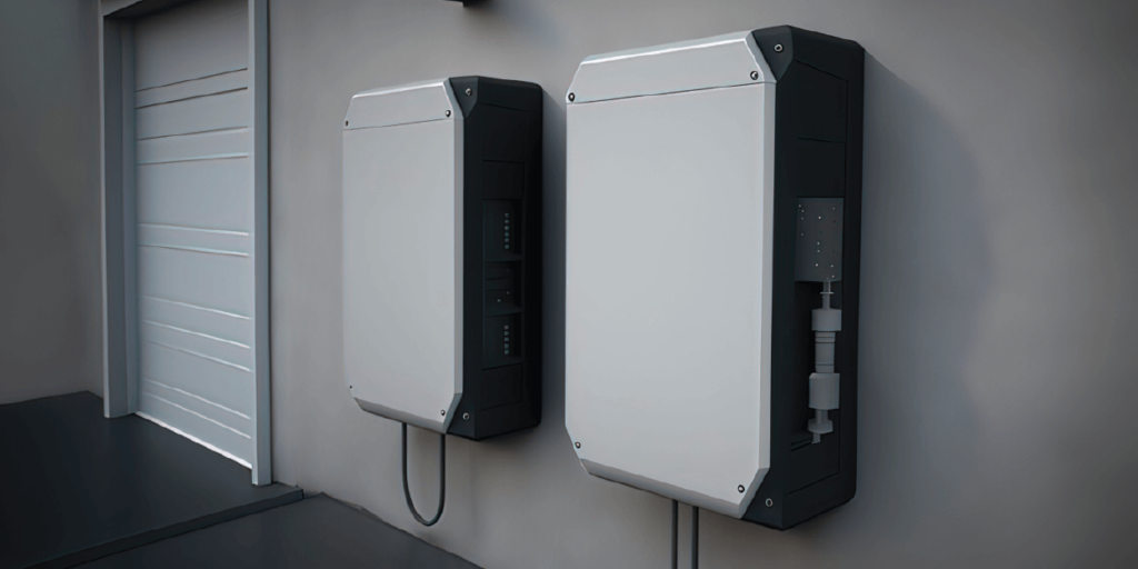 Are Solar Batteries Worth It-02 Up close preview of two battery renderings, next to a white garage door