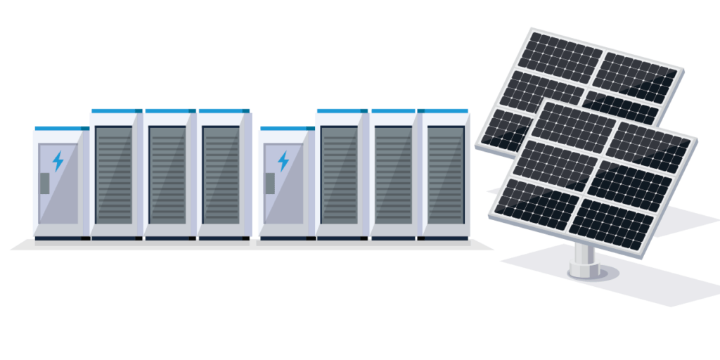 History of Energy Storage Systems-03 Off-grid solar panels, next to battery storage solutions illustration