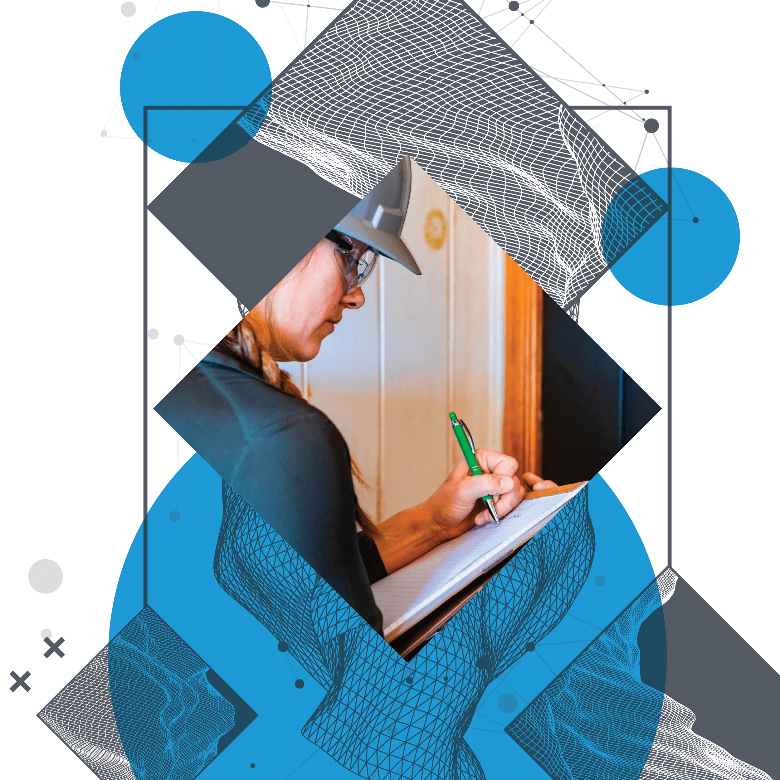 Female inspector with hard hat and clipboard, displayed in different colored geometric shapes in grey tones and blue