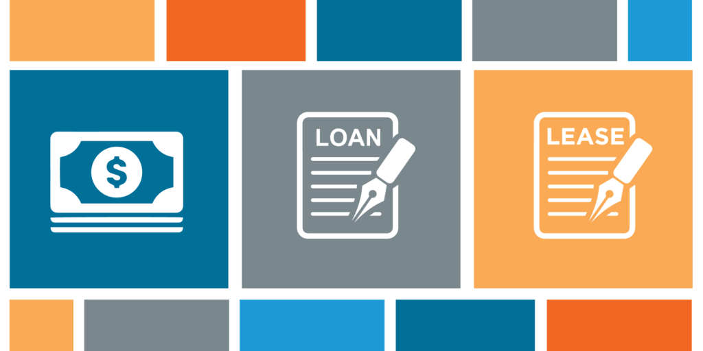Graphic with icons illustrating cash, loan, and lease in bright colored blue, orange, and grey squares