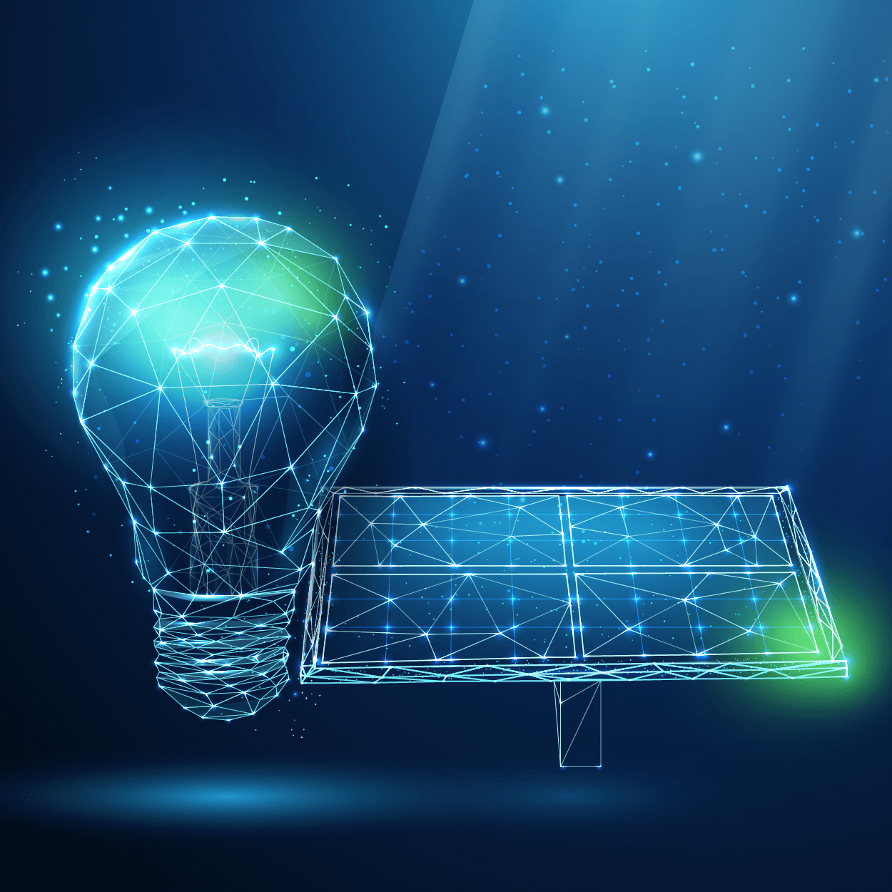 Lightbulb and solar panel glowing on different angles on a dark blue background