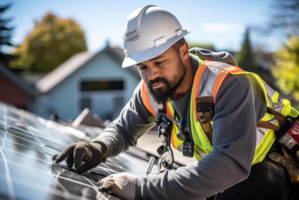 To Roof or Not to Roof-01 Male solar installer in safety gear including vest and hardhat aligning solar panels on roof