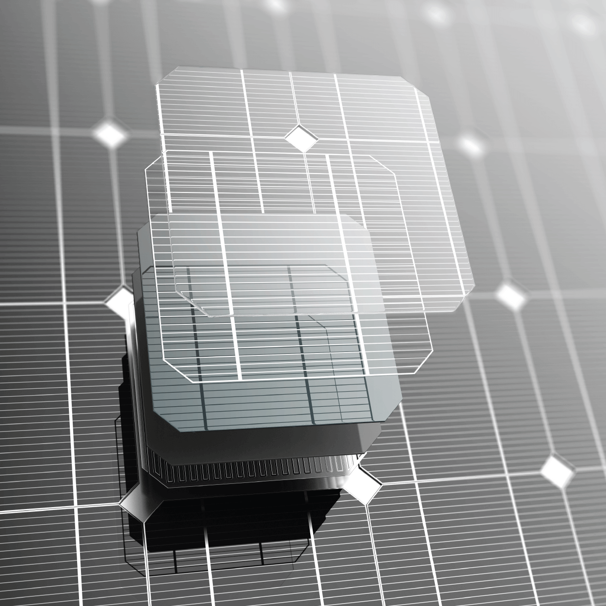 3-D image of a solar cell illustrating the different layers within a solar panel