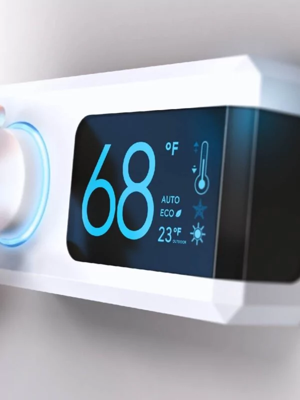 Smart thermostat featuring 68 degrees installed on white wall and a hand adjusting the knob