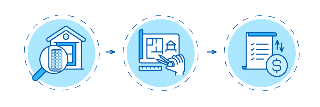 Solar Panel Permitting-01 Three circle icons illustrating the solar permitting process in shades of blue