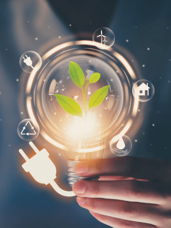 Glowing light bulb with plug held by a hand with a green plant in the middle and five different energy types on the exterior