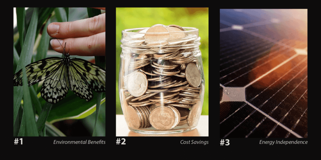 3 images, side-by-side, indicating environmental benefits with a butterfly next to human fingers, cost savings with a jar full of quarters, and energy independence associated to solar panel cells