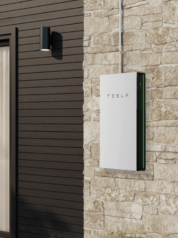 Rendering of a Tesla Powerwall battery on a modern, neutral house