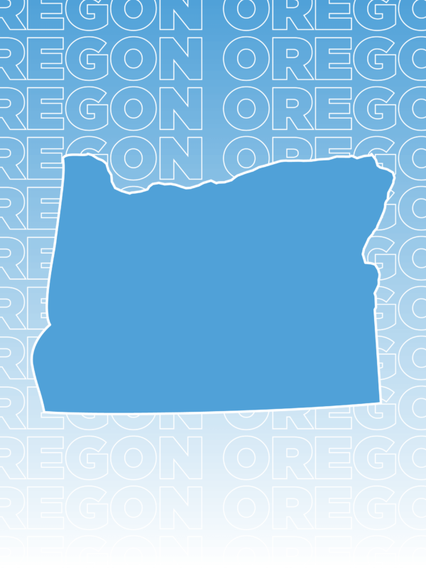White text outline of "Oregon" repeated and overlaid on a gradient background fading from blue to white including a blue outline of the state