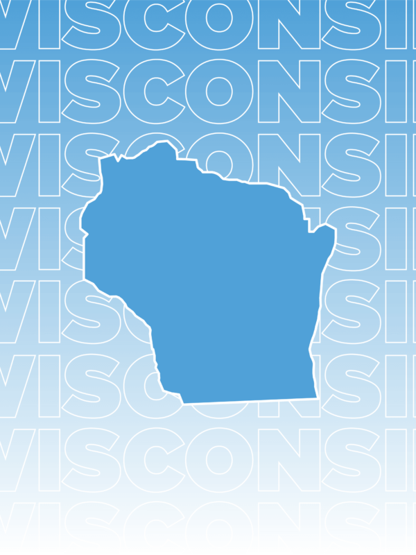 White text outline of "Wisconsin" repeated and overlaid on a gradient background fading from blue to white including a blue outline of the state