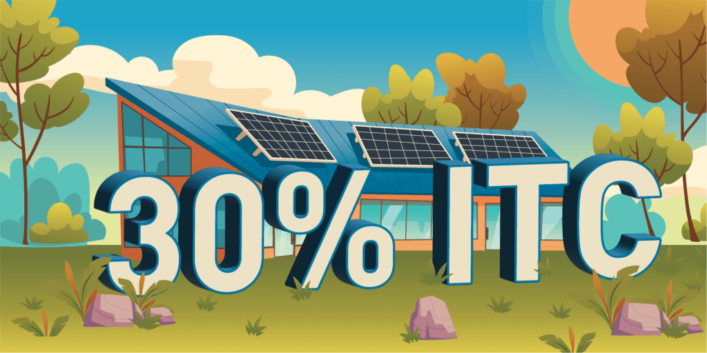 What is the ITC-02 A graphic in bright colors featuring an asymmetrical house with solar panels on the roof and oversized '30% ITC' letters in the foreground