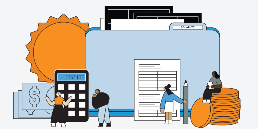 Graphic with office items like file folders, calculator, forms, pencil, and coins and small, large bodied characters