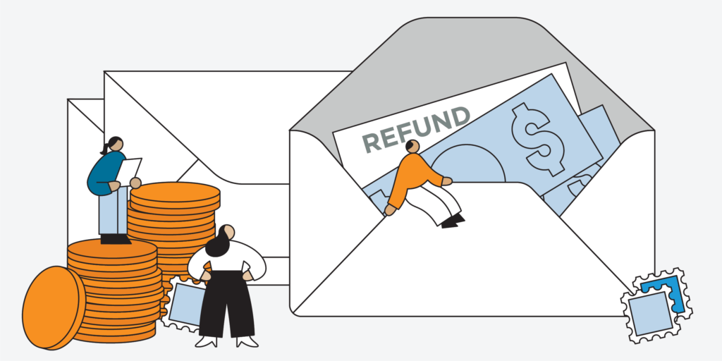 Graphic with large envelopes, cash, refund notices, and coins and small, large bodied characters
