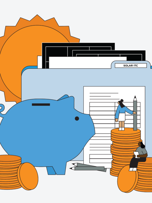 Graphic with office items like file folders, piggy bank, forms, pencil, and coins and small, large bodied characters