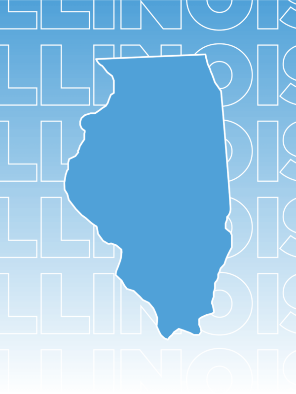 White text outline of "Illinois" repeated and overlaid on a gradient background fading from blue to white including a blue outline of the state