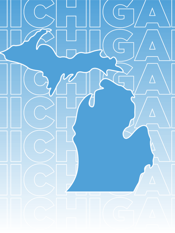 White text outline of "Michigan" repeated and overlaid on a gradient background fading from blue to white including a blue outline of the state