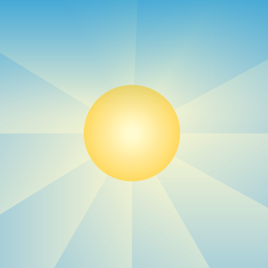 Yellow sun in the middle with rays outward in hues of golden yellow and blue