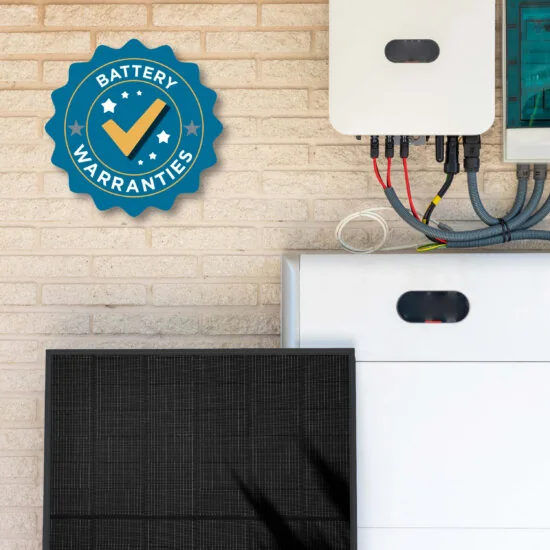 Solar battery system with a solar panel and a Battery Warranties badge in the left hand corner