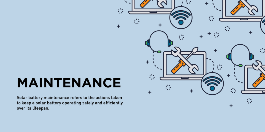 Graphic showing the maintenance needs of a solar battery, using icons for support, tools, and Wi-Fi to represent remote monitoring and upkeep
