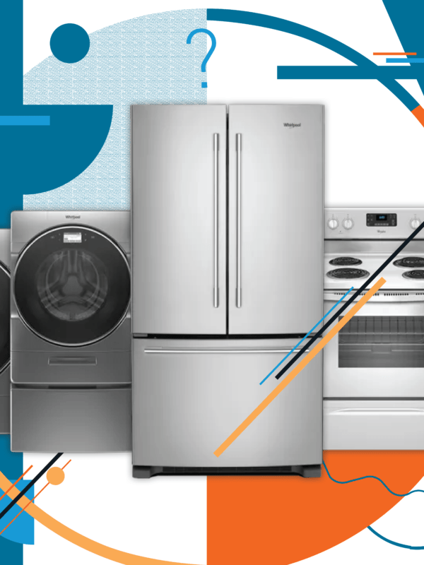 Large household appliances with blue and orange abstract shapes in the background