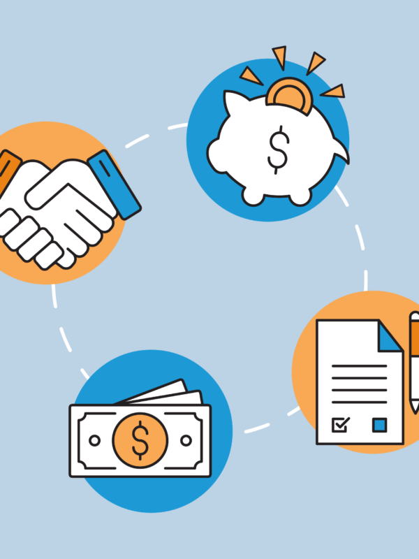 Four different graphics -- from partnership, piggy bank, dollar bills, to contracts -- arranged in a circle on a light blue background