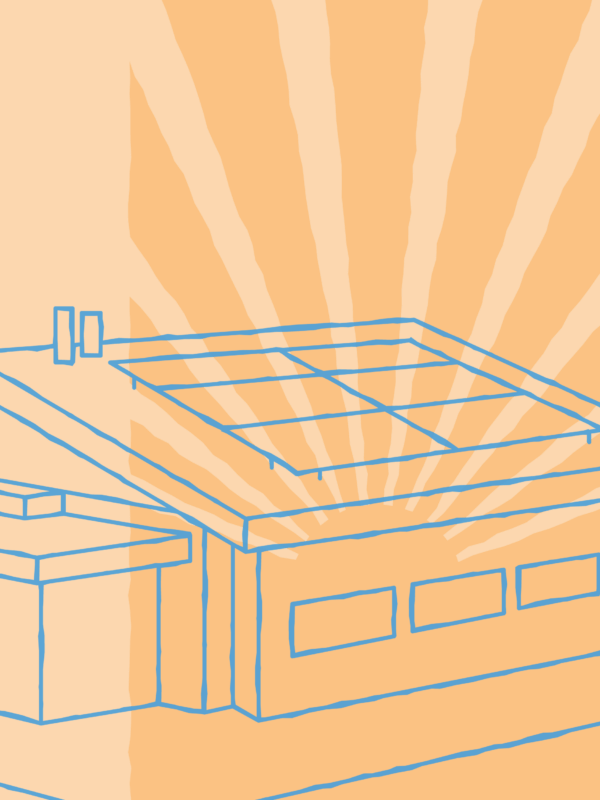 Thin line icon of a house with solar panels in blue with an orange sun-ray in the background