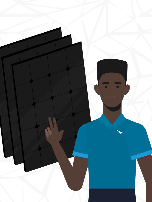 Male character holding up three fingers, standing in front of 3 solar panels with an abstract pattered background in muted tones