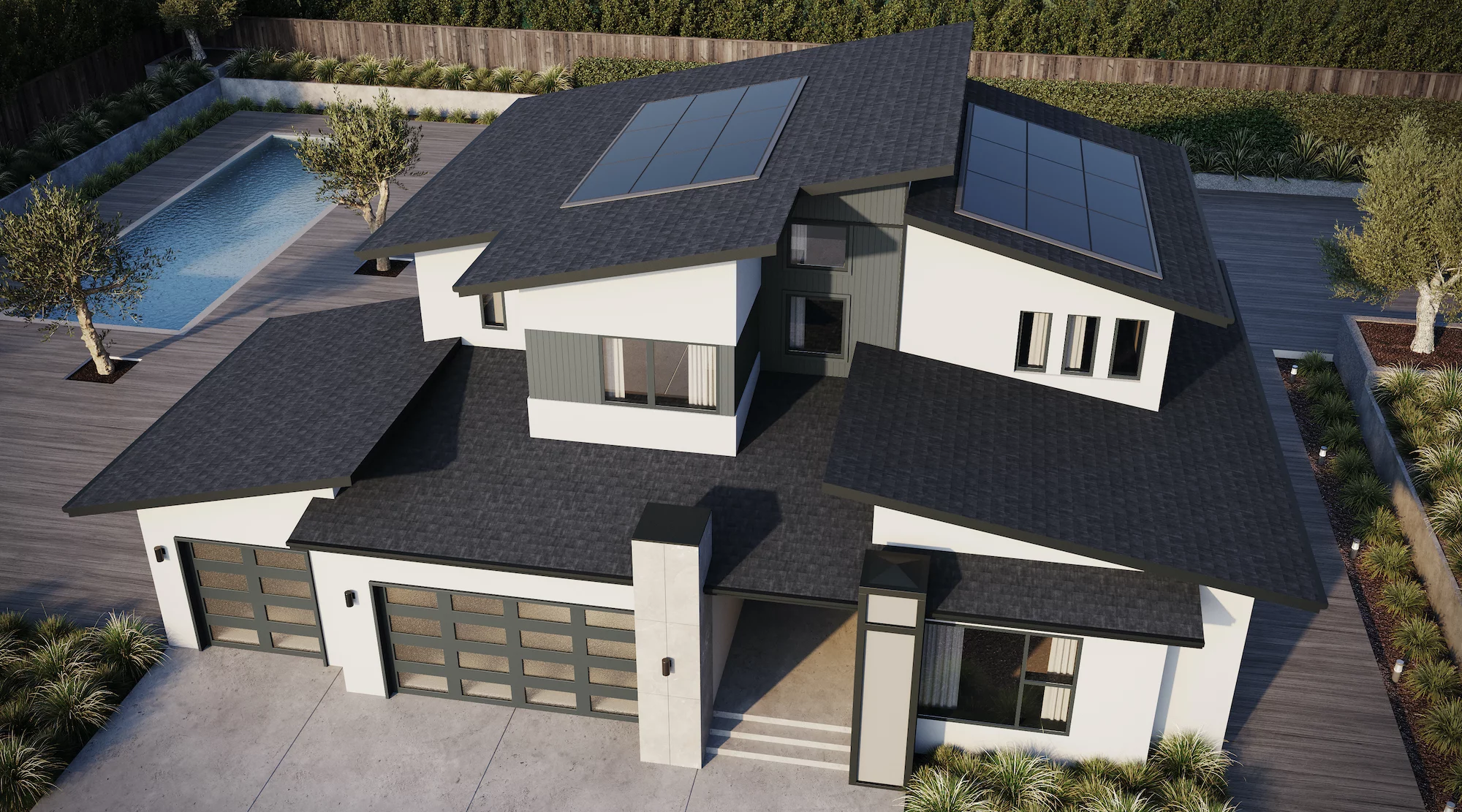 Home with pool with Solar Panels on the roof. Solarhome