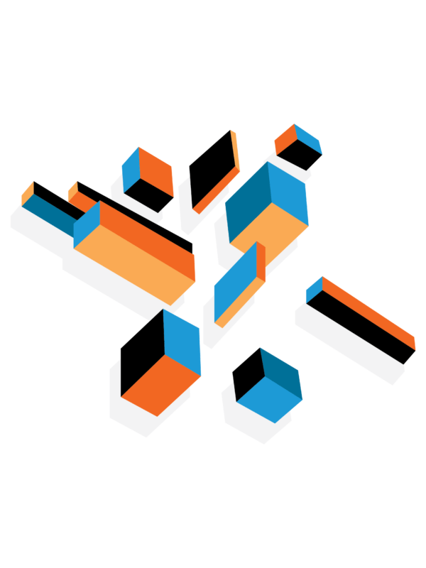 Modern, three-dimensional cubes in black, orange, yellow, and blue